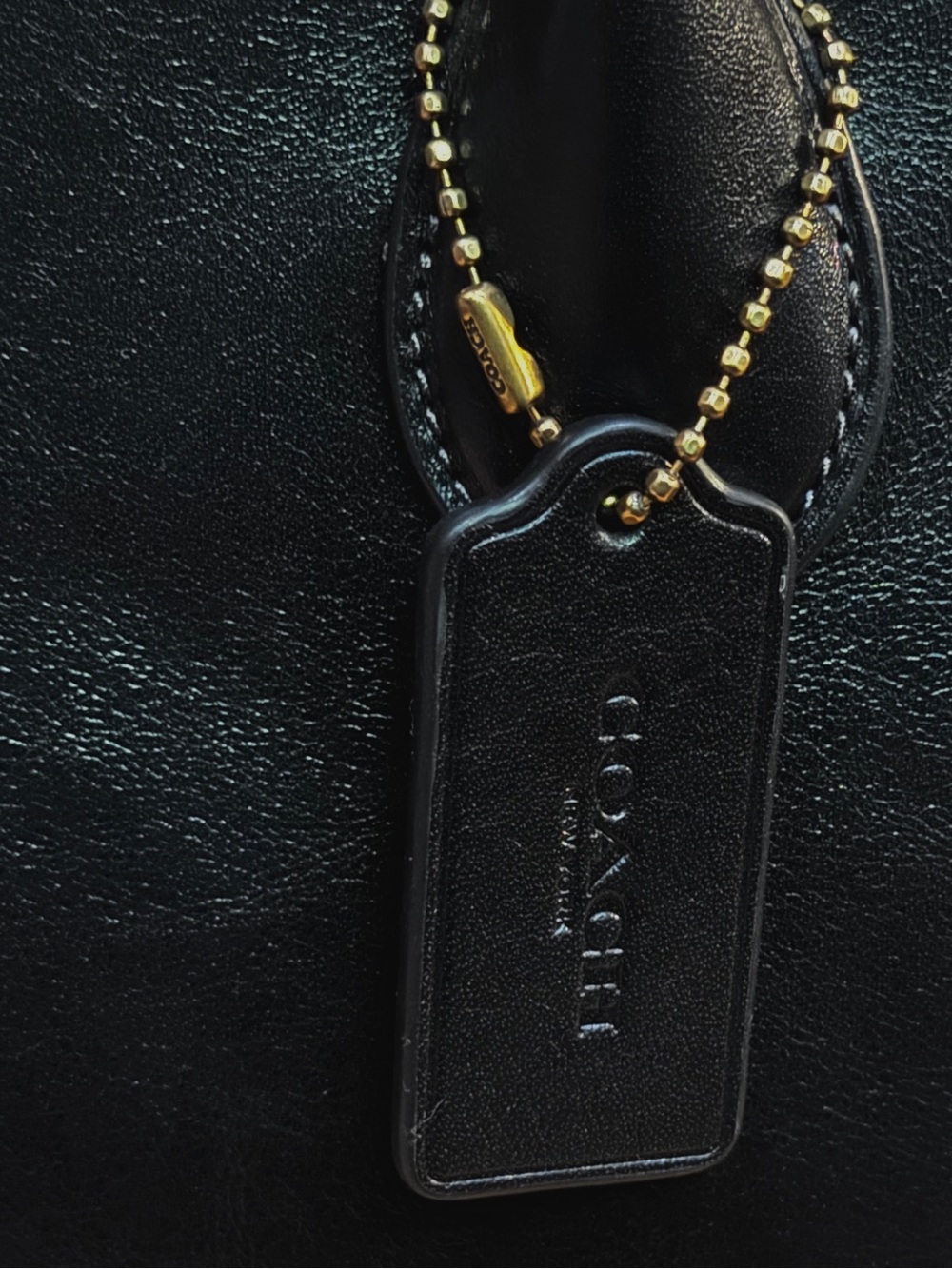 Coach Large Black Empire Leather Hang Tag w/Brass Tone Chain